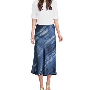 Ralph Lauren Tie Dye Blue Satin A-Line Midi Skirt